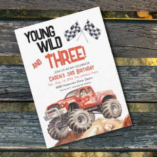 Invitación Camión negro rojo Monstruo 3 cumpleaños