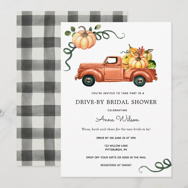 Invitación Camión otoñal de calabaza por ducha de novia (Anverso / Reverso)