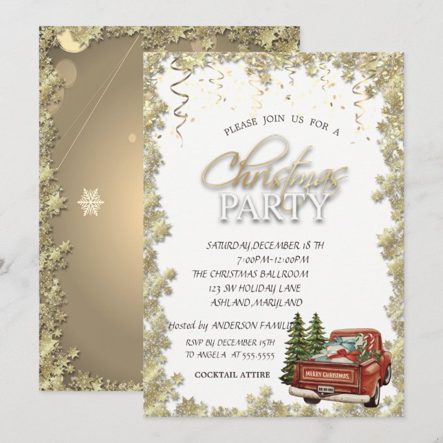 Invitación Camión Rojo Árbol de Pino,Fiesta de Navidades Estr (Anverso / Reverso)