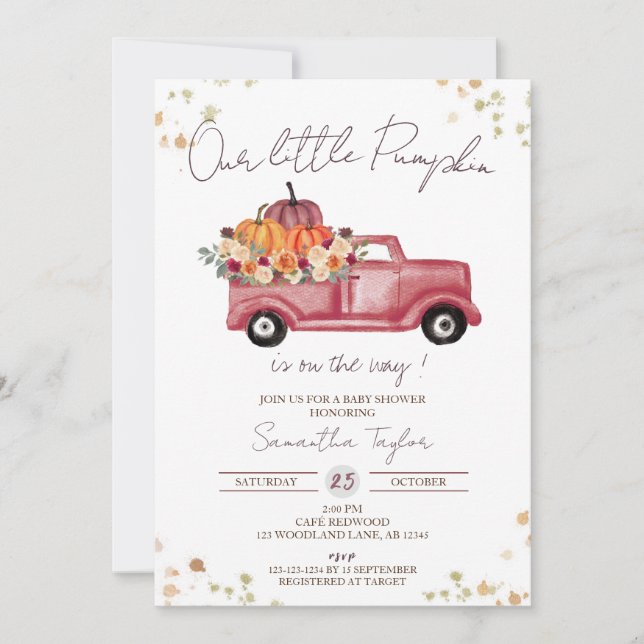 Invitación Camión Rojo, Baby Shower Calabaza, Floral Rosa Caí (Anverso)