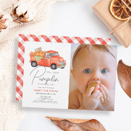 Invitación Camión Rojo Calabaza Gingham Foto Primer Cumpleaño