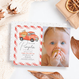Invitación Camión Rojo Calabaza Gingham Foto Primer Cumpleaño