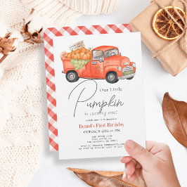 Invitación Camión Rojo Calabaza Gingham Primer Cumpleaños