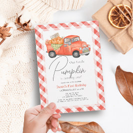 Invitación Camión Rojo Calabaza Gingham Primer Cumpleaños