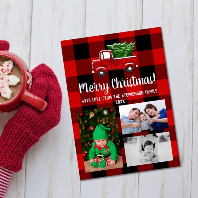 Invitación Camión Rojo Cute Rustic Navidades Familia 3 Foto (cute red pickup truck buffalo plaid photo collage christmas card with grandkids)