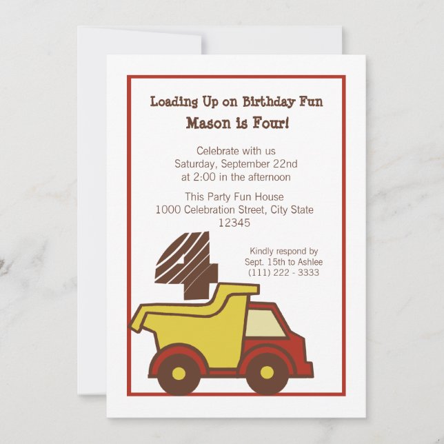 Invitación Camión rojo de volcado divertido de construcción (Anverso)