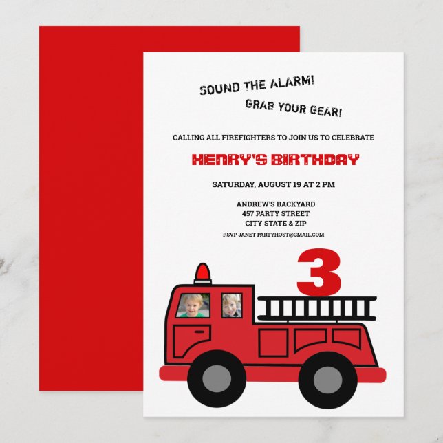 Invitación Camión Rojo Dos Fotos Cumpleaños (Anverso / Reverso)