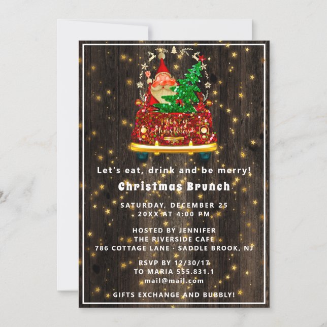 Invitación Camión Rojo Merry Christmas Tree Brunch Madera (Anverso)