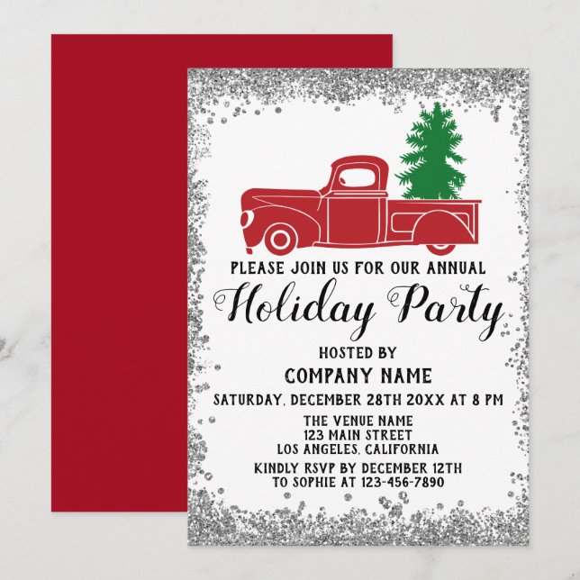Invitación Camión Rojo Navidad Empresa de Árbol Fiesta de Nav (Anverso / Reverso)