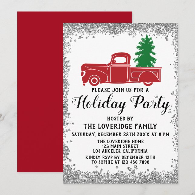 Invitación Camión Rojo Navidades de árbol navideño fiesta pla (Anverso / Reverso)