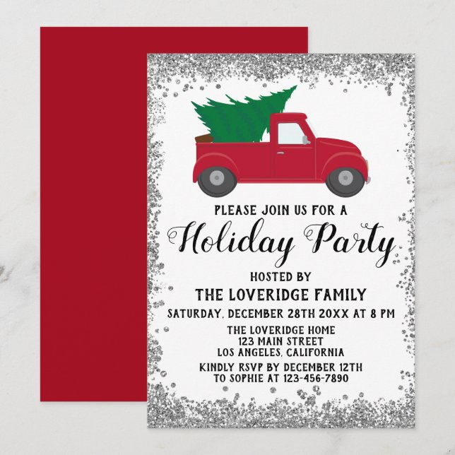 Invitación Camión Rojo Navidades de árbol navideño fiesta pla (Anverso / Reverso)