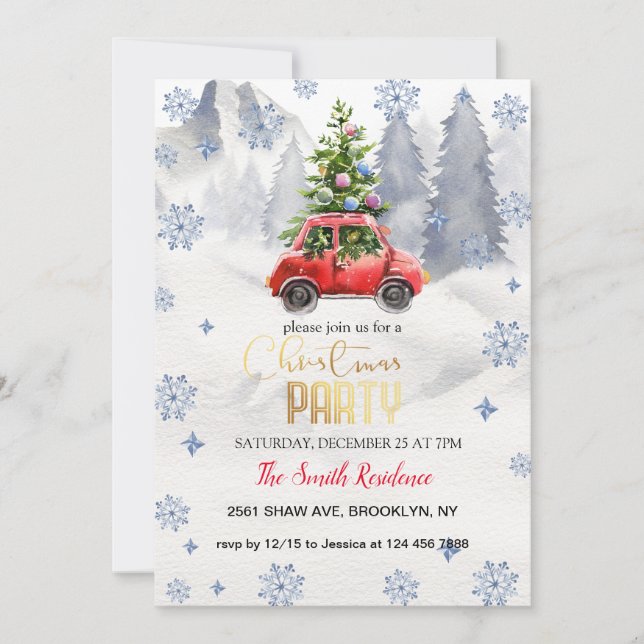 Invitación Camión Rojo navidades, Montañas Snowy (Anverso)