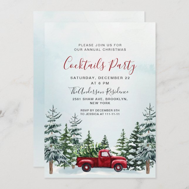 Invitación Camión Rojo Pine Trees Navidad Fiesta de cócteles (Anverso / Reverso)