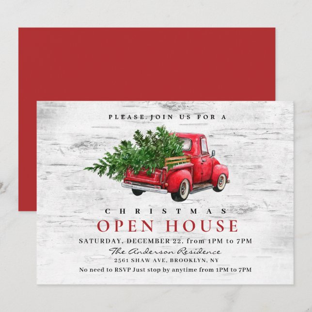 Invitación Camión Rojo Retro Navidades Birch HOLIDAY OPUESTA  (Anverso / Reverso)