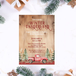 Invitación Camión Rojo Rústico Invierno Onederland Cumpleaños