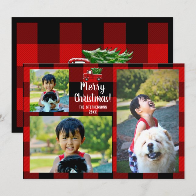 Invitación Camión Rojo Rústico País Navidades 3 Foto (Anverso / Reverso)