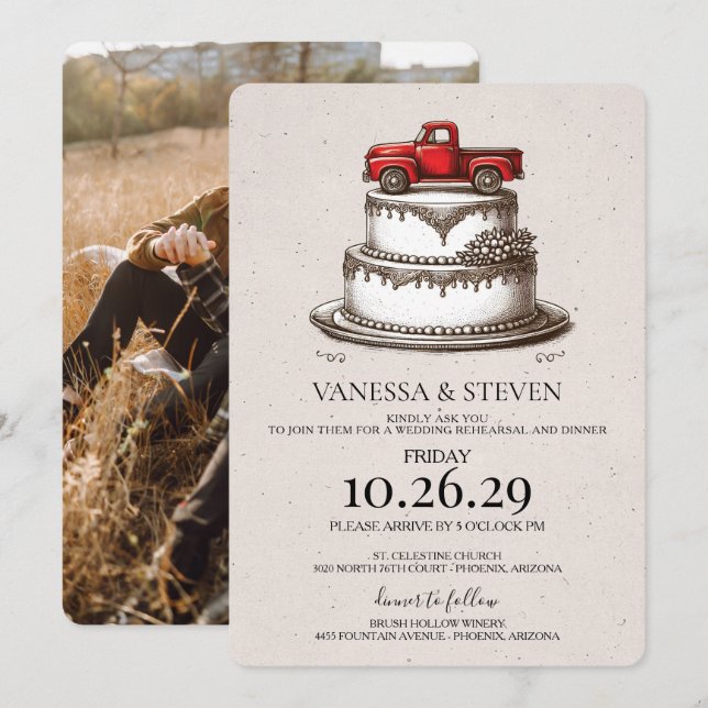 Invitación Camión Rojo Vintage Cena de Ensayo (Anverso / Reverso)