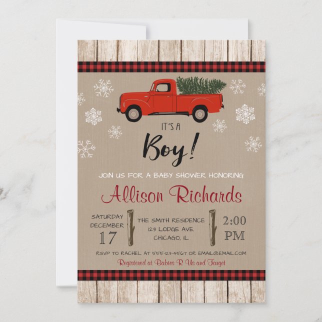 Invitación Camión rojo y copos de nieve Navidades bebé ducha (Anverso)