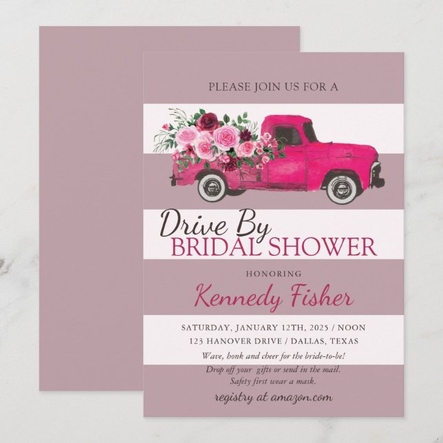 Invitación Camión rosa de cosecha de rosas con ducha de novia (Anverso / Reverso)