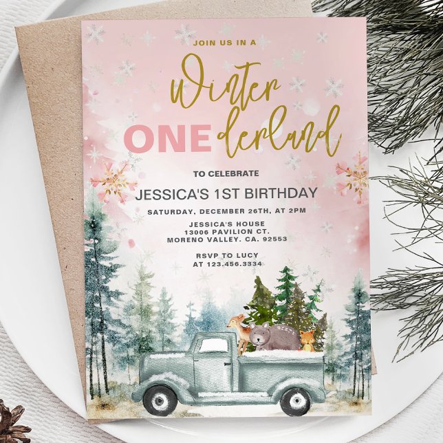 Invitación Camión rosa de invierno Bosque de Onederland Prime (Subido por el creador)