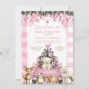 Invitación Camión Rosa de Invierno Onederland Cumpleaños 1 An