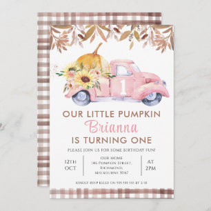 Invitación Camión rosa Foliage Pequeña Calabaza Primer Cumple