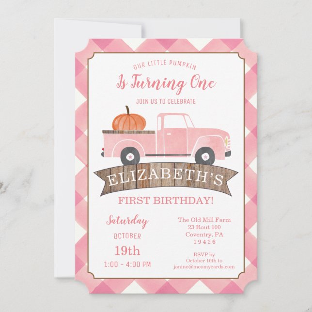 Invitación Camión rosa Pequeño Chica PUMPKIN Primer cumpleaño (Anverso)