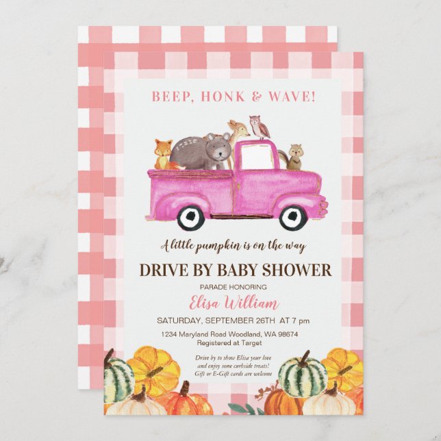 Invitación Camión Rosa Woodland De Baby Shower (Anverso / Reverso)