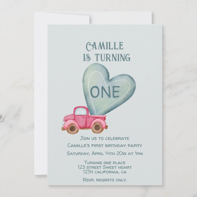 Invitación camión rosa y cumpleaños de corazón (Anverso)