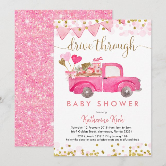 Invitación Camión Rosado A Través De Baby Shower (Anverso / Reverso)