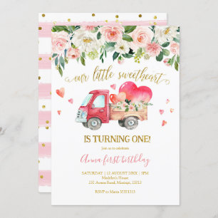 Invitación Camión Rosado Nuestro Pequeño Querido Primer Cumpl