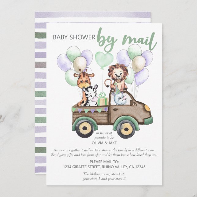 Invitación Camión Safari y Baby Shower de animales curados po (Anverso / Reverso)