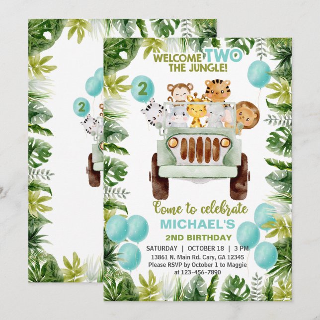 Invitación Camión Safari y niño de 2º cumpleaños. (Anverso / Reverso)