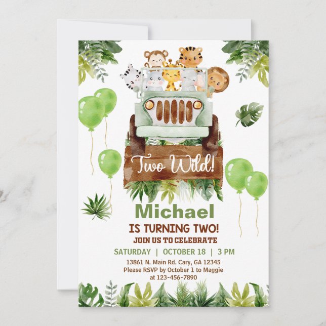 Invitación Camión Safari y niño de 2º cumpleaños. (Anverso)