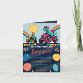 Invitación Camión tractor de dinosaurios rosados arco iris Ni