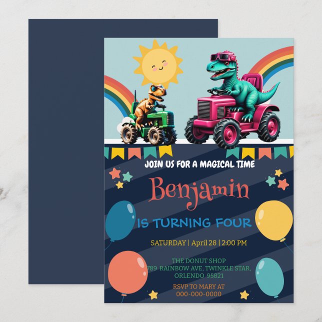 Invitación Camión tractor de dinosaurios rosados arco iris Ni (Anverso / Reverso)