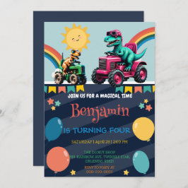 Invitación Camión tractor de dinosaurios rosados arco iris Ni