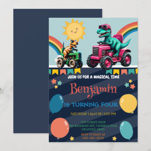 Invitación Camión tractor de dinosaurios rosados arco iris Ni
