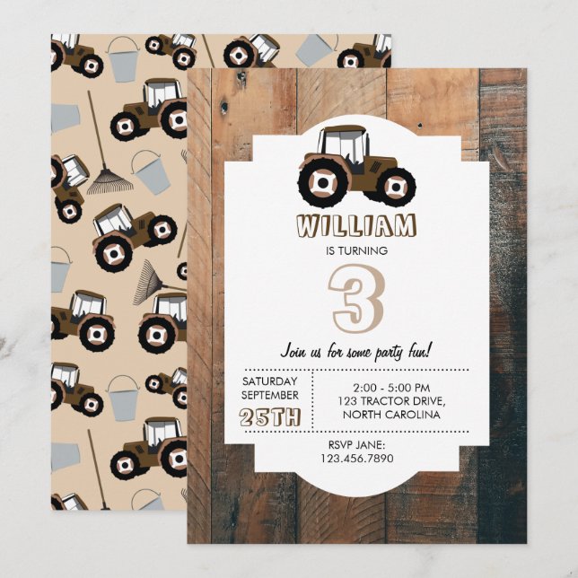 Invitación Camión Tractor Patrón Equipo Agrícola Cumpleaños (Anverso / Reverso)