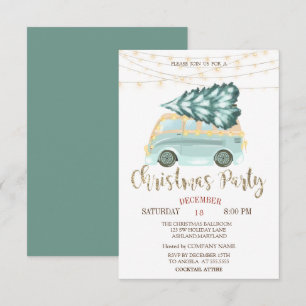 Invitación Camión Verde Árbol de Pino,Luces Madera Fiesta de
