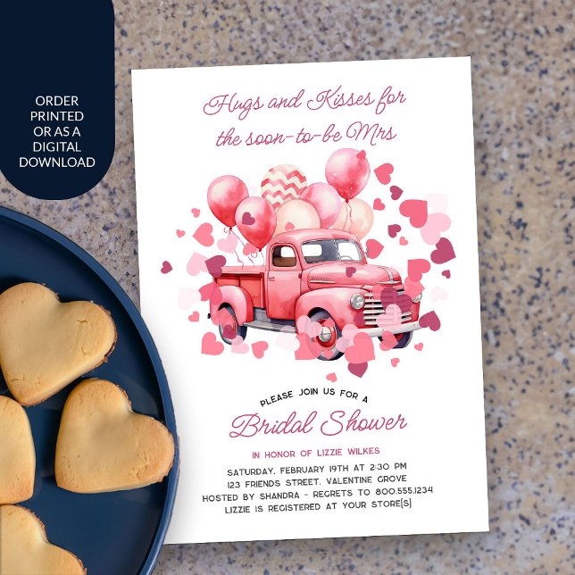 Invitación Camión Vintage Ducha de Novias Rosa Valentine (Valentine Bridal Shower Invitation with pink vintage truck and love hearts)