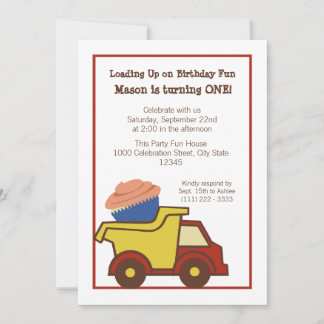 Invitación Camión volcado con el pastel rojo