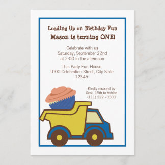 Invitación Camión volcado con pastel azul