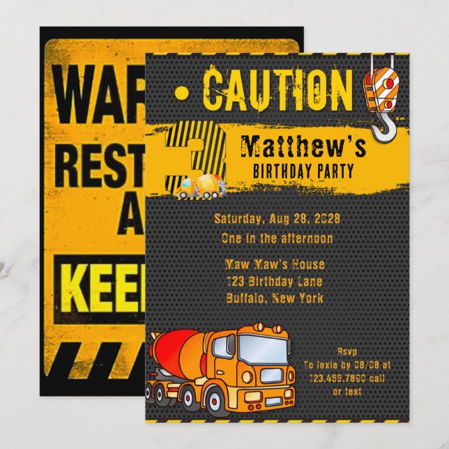 Invitación Camión volcado de construcción Naranja-amarillo te (Anverso / Reverso)