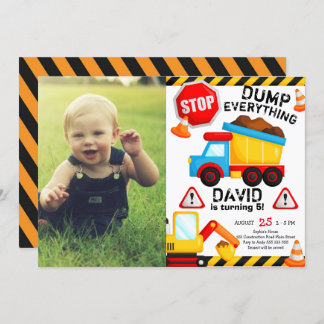 Invitación Camión volcado de cumpleaños de construcción con f