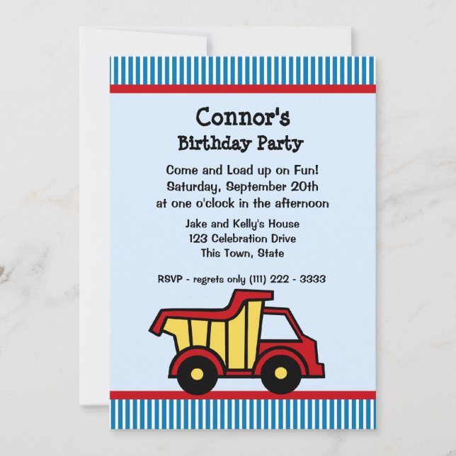 Invitación Camión volcado y fiesta de cumpleaños de franja de (Anverso)