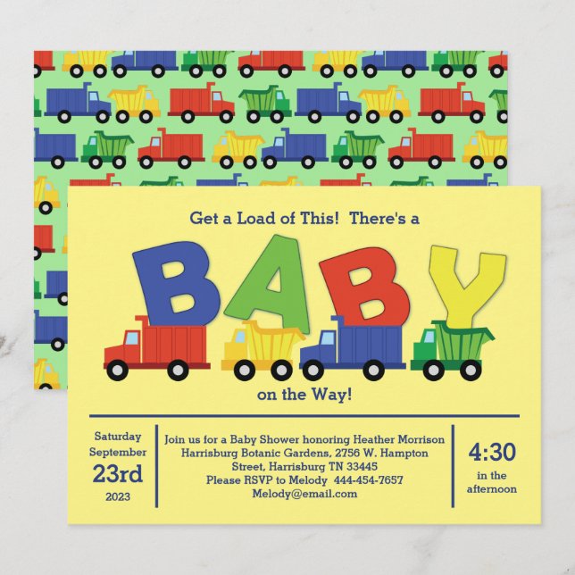 Invitación Camiones Baby Shower Dump Truck Boy (Anverso / Reverso)