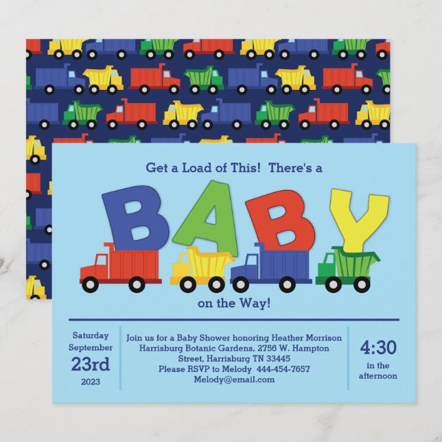 Invitación Camiones Baby Shower Dump Truck Boy (Anverso / Reverso)