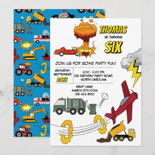 Invitación Camiones Coches Vehículos Aviones Cumpleaños de Có
