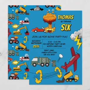 Invitación Camiones Coches Vehículos Aviones Cumpleaños de Có